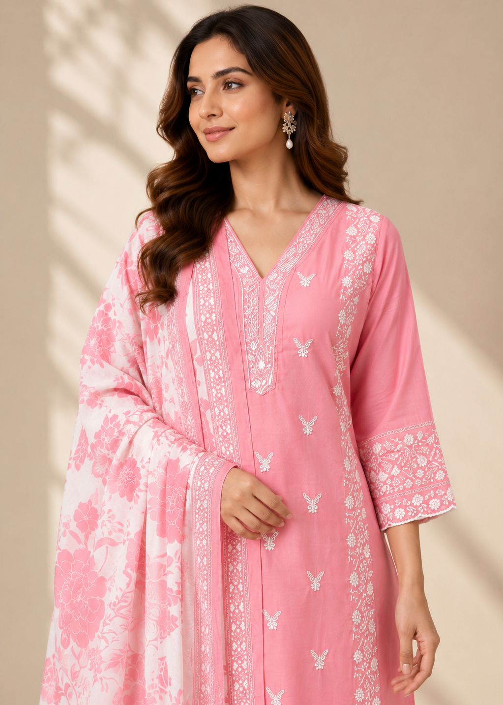 Pink Mul Chanderi Kurta Pant Set with Floral Printed Dupatta