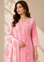 Pink Mul Chanderi Kurta Pant Set with Floral Printed Dupatta