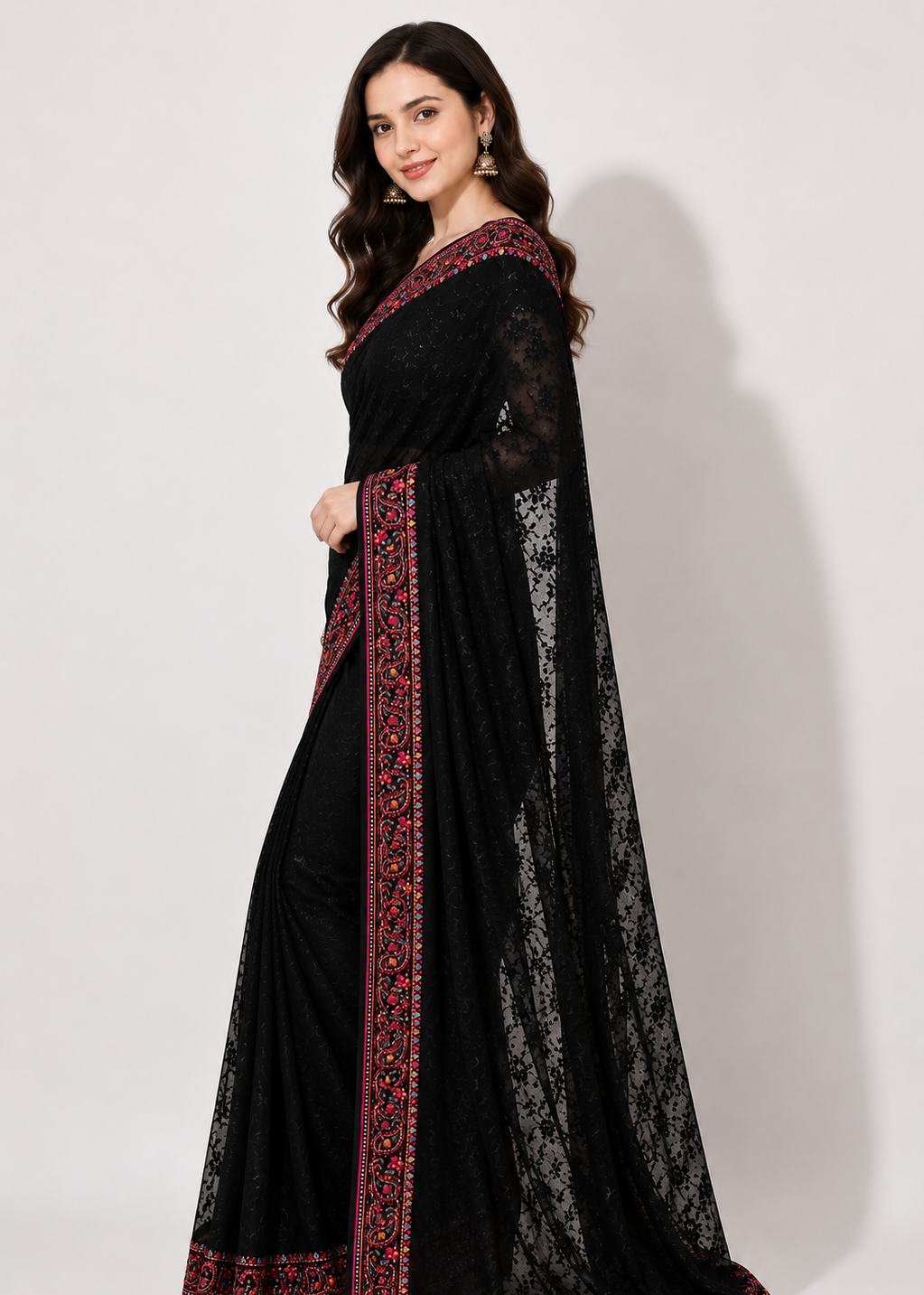 Black Georgette Lucknowi Chikankari Saree with Swarovski Stone & Kashmiri Border
