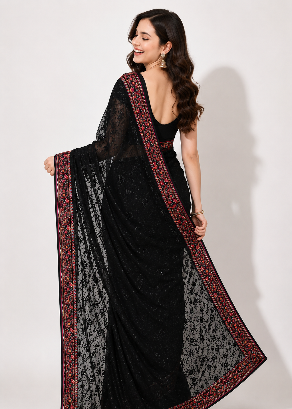 Black Georgette Lucknowi Chikankari Saree with Swarovski Stone & Kashmiri Border