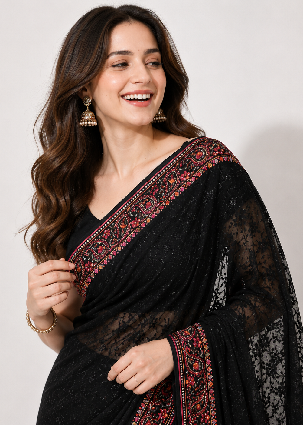 Black Georgette Lucknowi Chikankari Saree with Swarovski Stone & Kashmiri Border