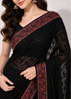 Black Georgette Lucknowi Chikankari Saree with Swarovski Stone & Kashmiri Border