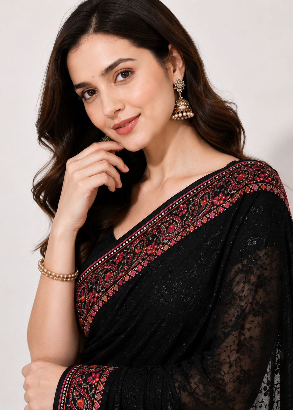 Black Georgette Lucknowi Chikankari Saree with Swarovski Stone & Kashmiri Border