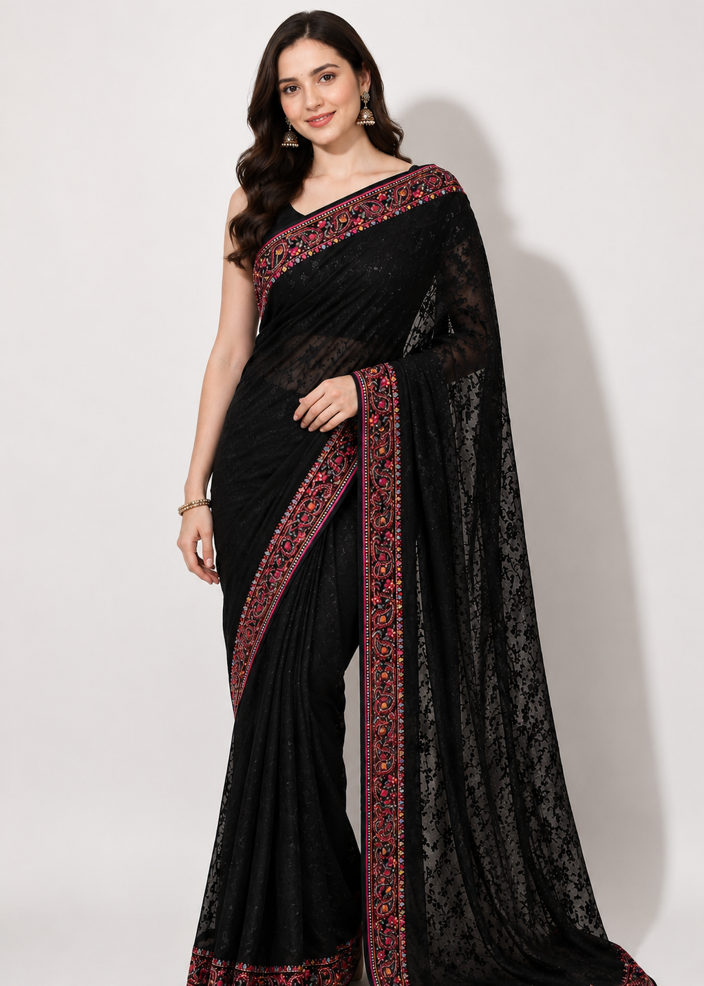 Black Georgette Lucknowi Chikankari Saree with Swarovski Stone & Kashmiri Border