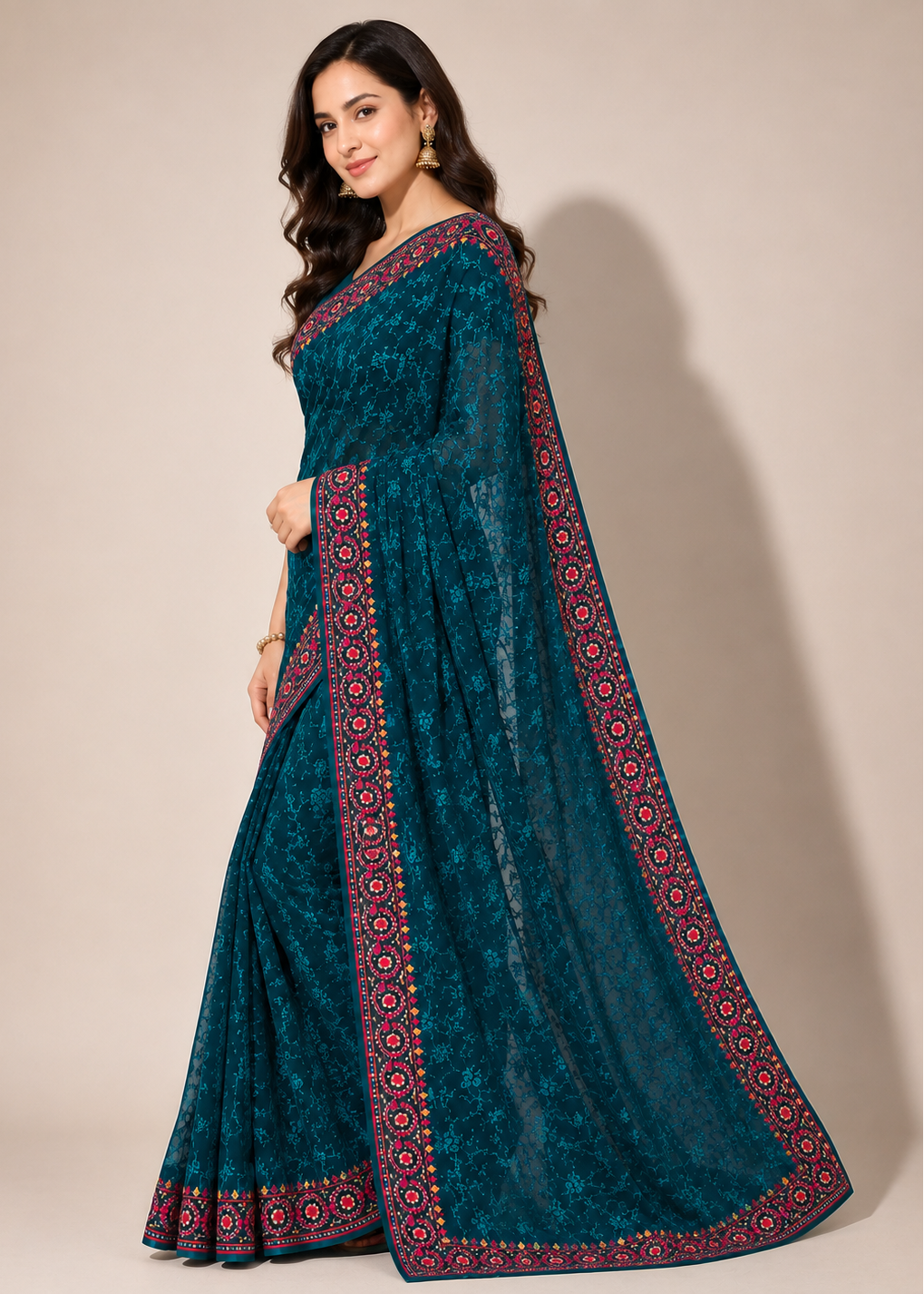 Teal Blue Georgette Lucknowi Chikankari Saree with Swarovski Stone & Kashmiri Border