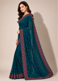 Teal Blue Georgette Lucknowi Chikankari Saree with Swarovski Stone & Kashmiri Border