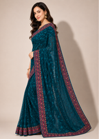 Teal Blue Georgette Lucknowi Chikankari Saree with Swarovski Stone & Kashmiri Border