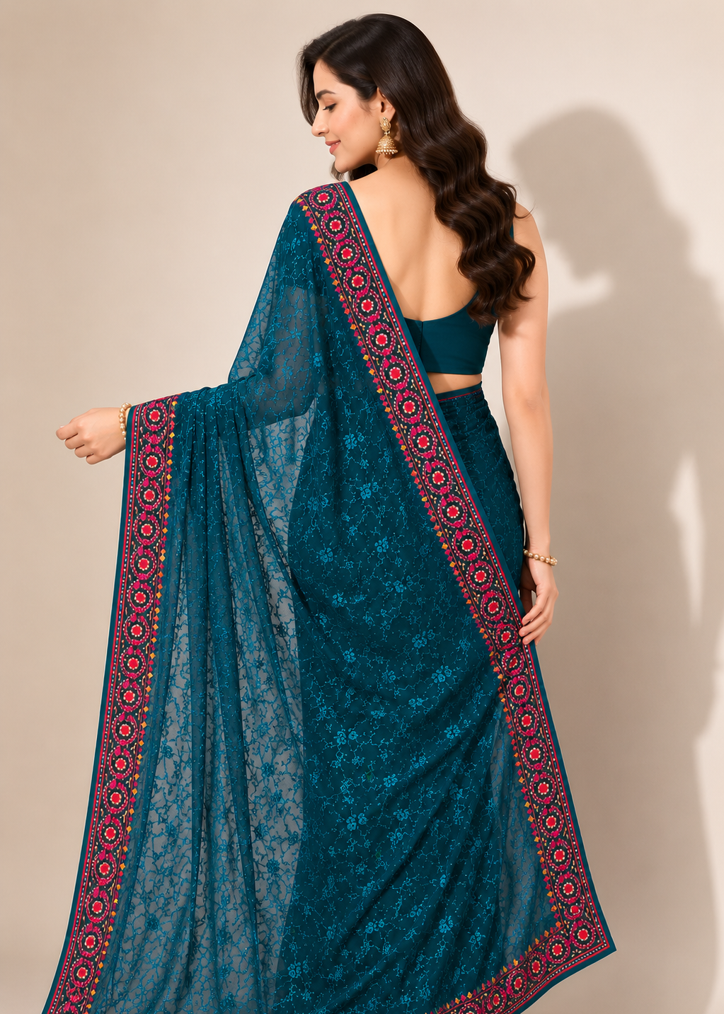 Teal Blue Georgette Lucknowi Chikankari Saree with Swarovski Stone & Kashmiri Border