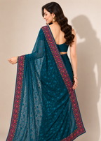 Teal Blue Georgette Lucknowi Chikankari Saree with Swarovski Stone & Kashmiri Border