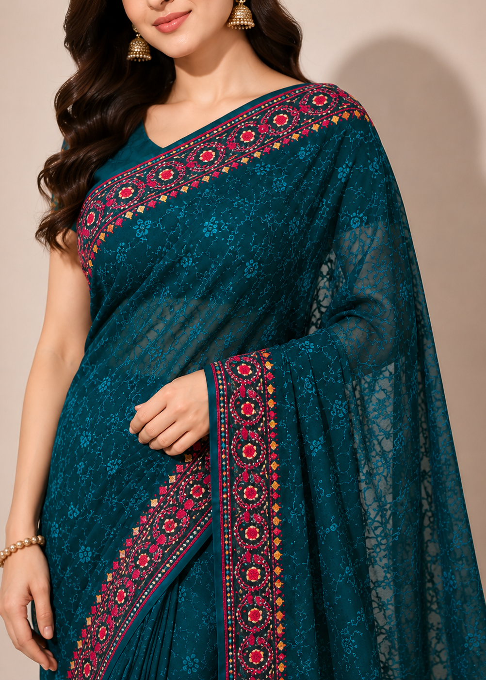 Teal Blue Georgette Lucknowi Chikankari Saree with Swarovski Stone & Kashmiri Border