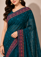 Teal Blue Georgette Lucknowi Chikankari Saree with Swarovski Stone & Kashmiri Border