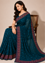 Teal Blue Georgette Lucknowi Chikankari Saree with Swarovski Stone & Kashmiri Border