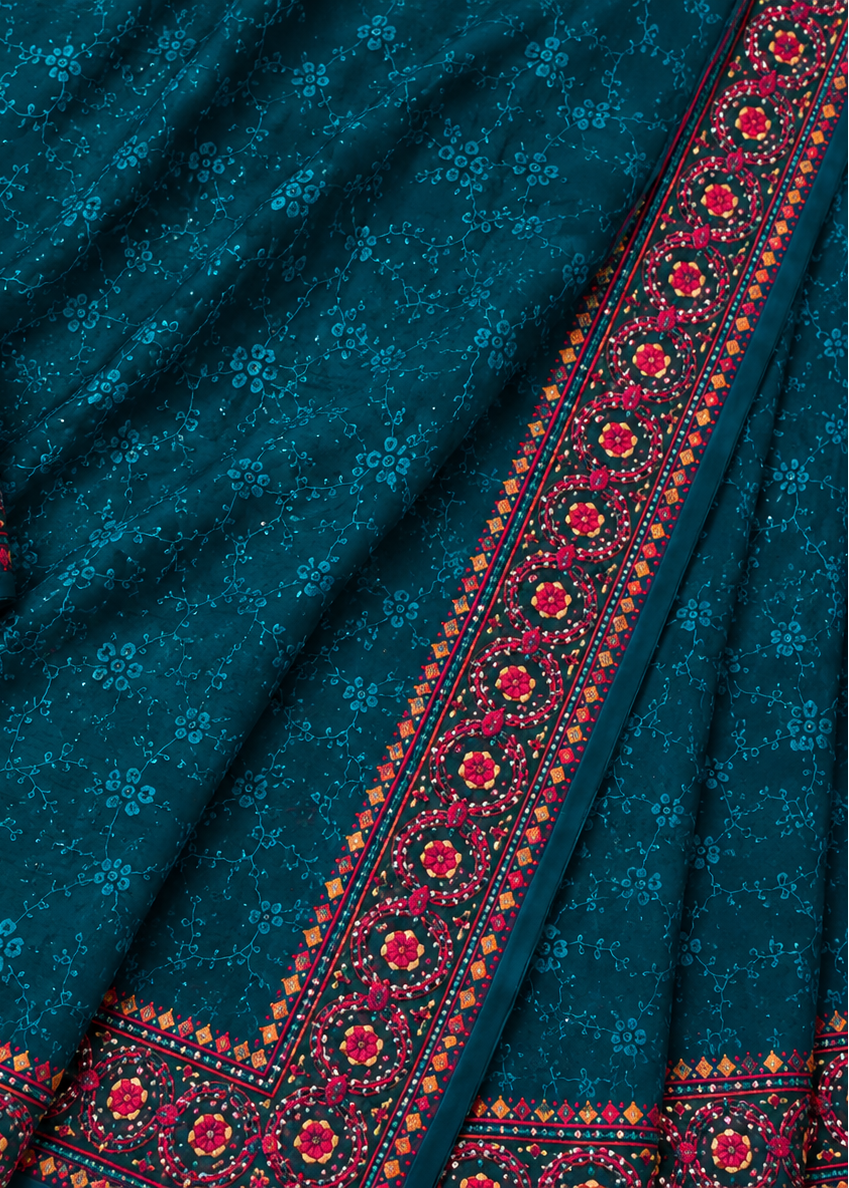Teal Blue Georgette Lucknowi Chikankari Saree with Swarovski Stone & Kashmiri Border