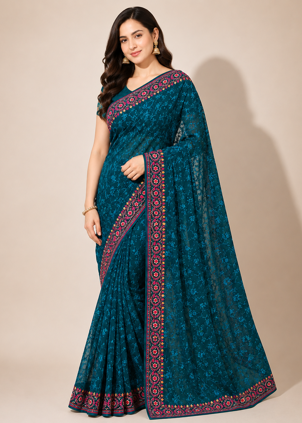 Teal Blue Georgette Lucknowi Chikankari Saree with Swarovski Stone & Kashmiri Border