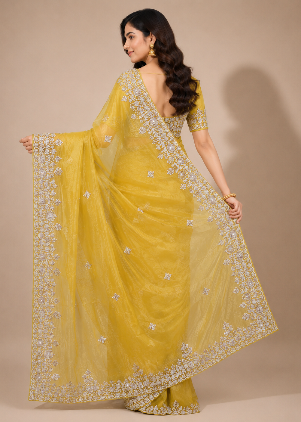 Yellow Fande Organza Saree with All-Over Handwork Butta & Embroidered Border