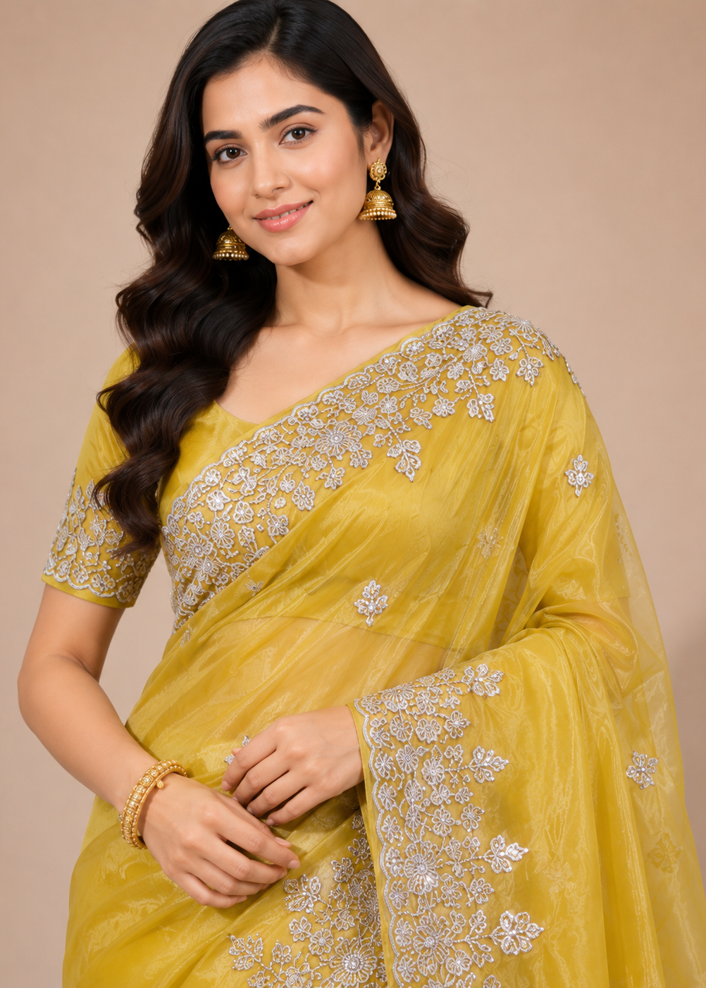 Yellow Fande Organza Saree with All-Over Handwork Butta & Embroidered Border