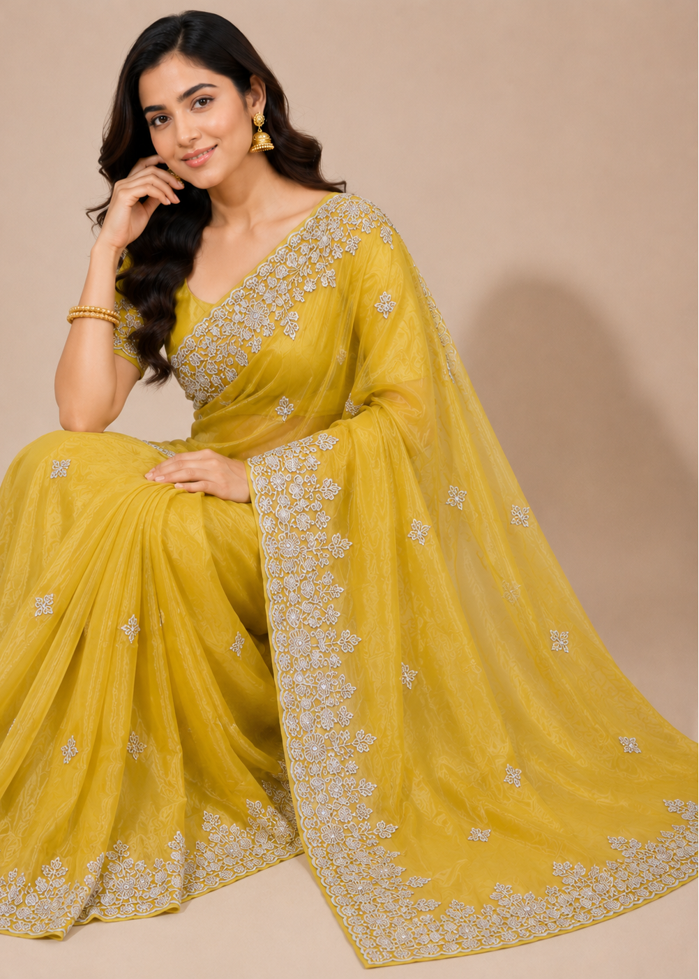 Yellow Fande Organza Saree with All-Over Handwork Butta & Embroidered Border