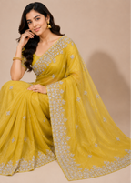 Yellow Fande Organza Saree with All-Over Handwork Butta & Embroidered Border