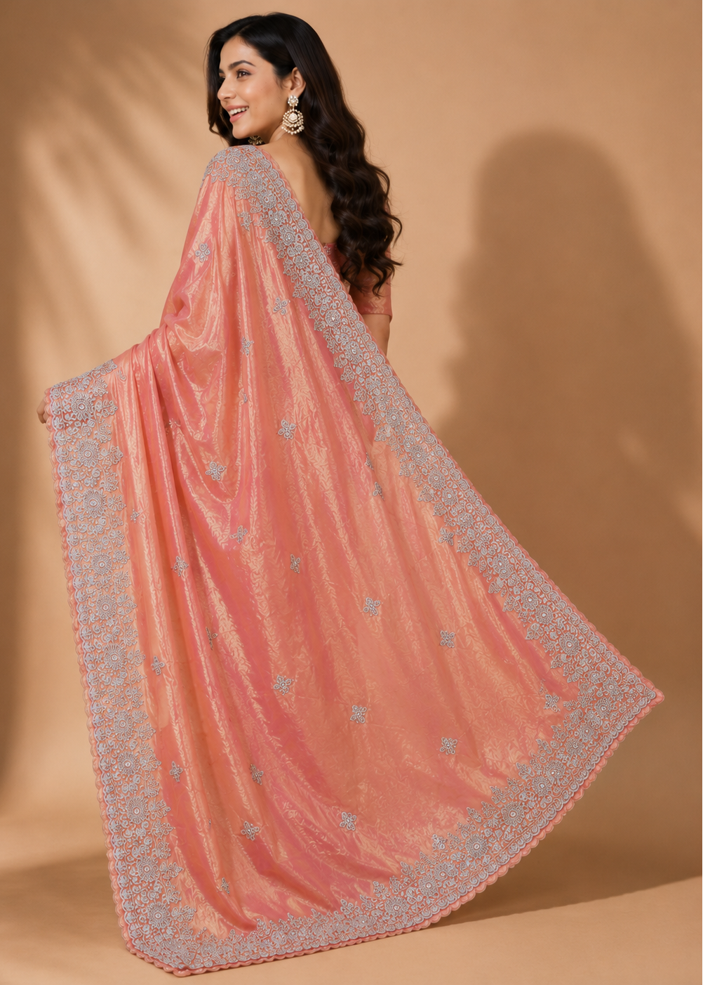 Peach Fande Organza Saree with All-Over Handwork Butta & Embroidered Border