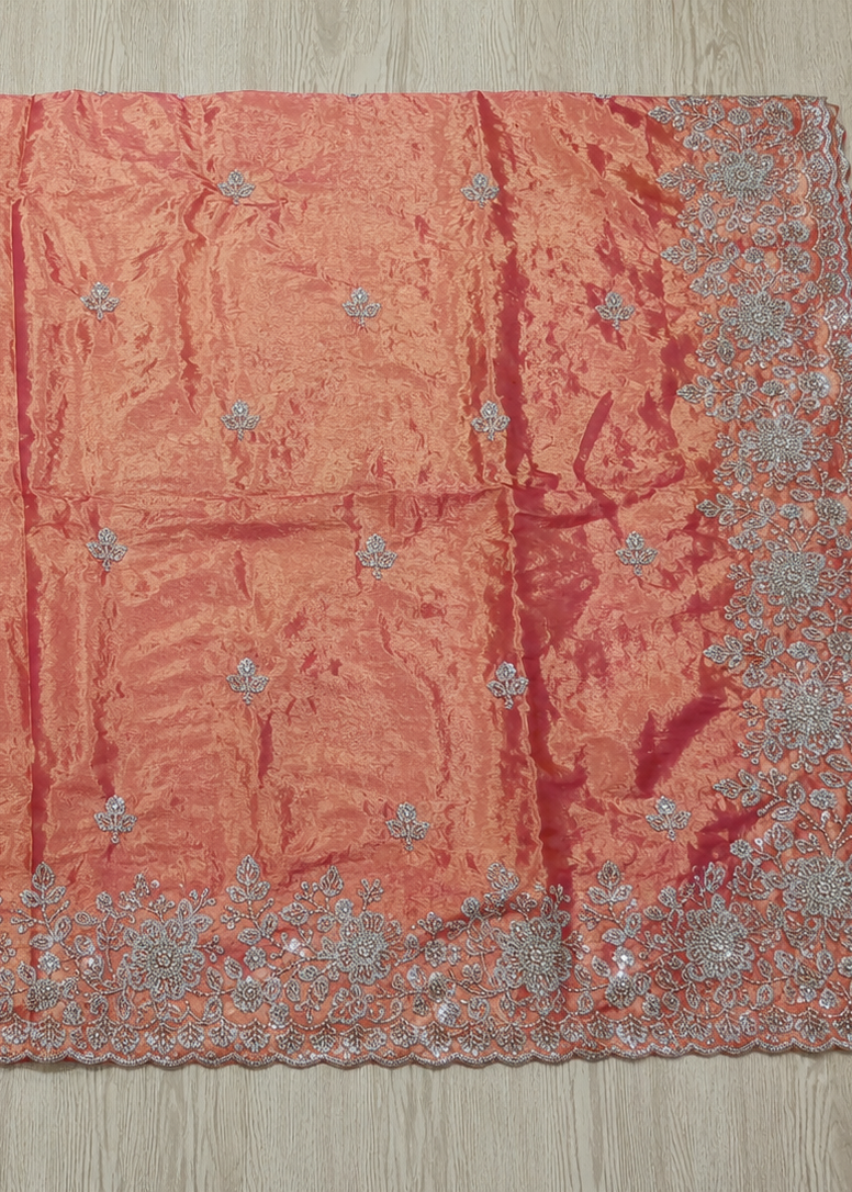 Peach Fande Organza Saree with All-Over Handwork Butta & Embroidered Border