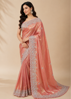 Peach Fande Organza Saree with All-Over Handwork Butta & Embroidered Border