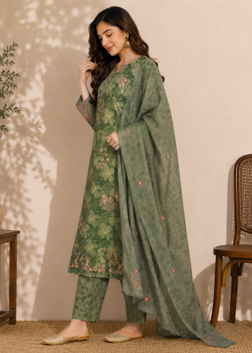 A woman models a three-piece green ethnic salwar suit set with a floral print and a matching dupatta, styled in a warm, neutral-toned indoor setting with a wooden chair and plant.
