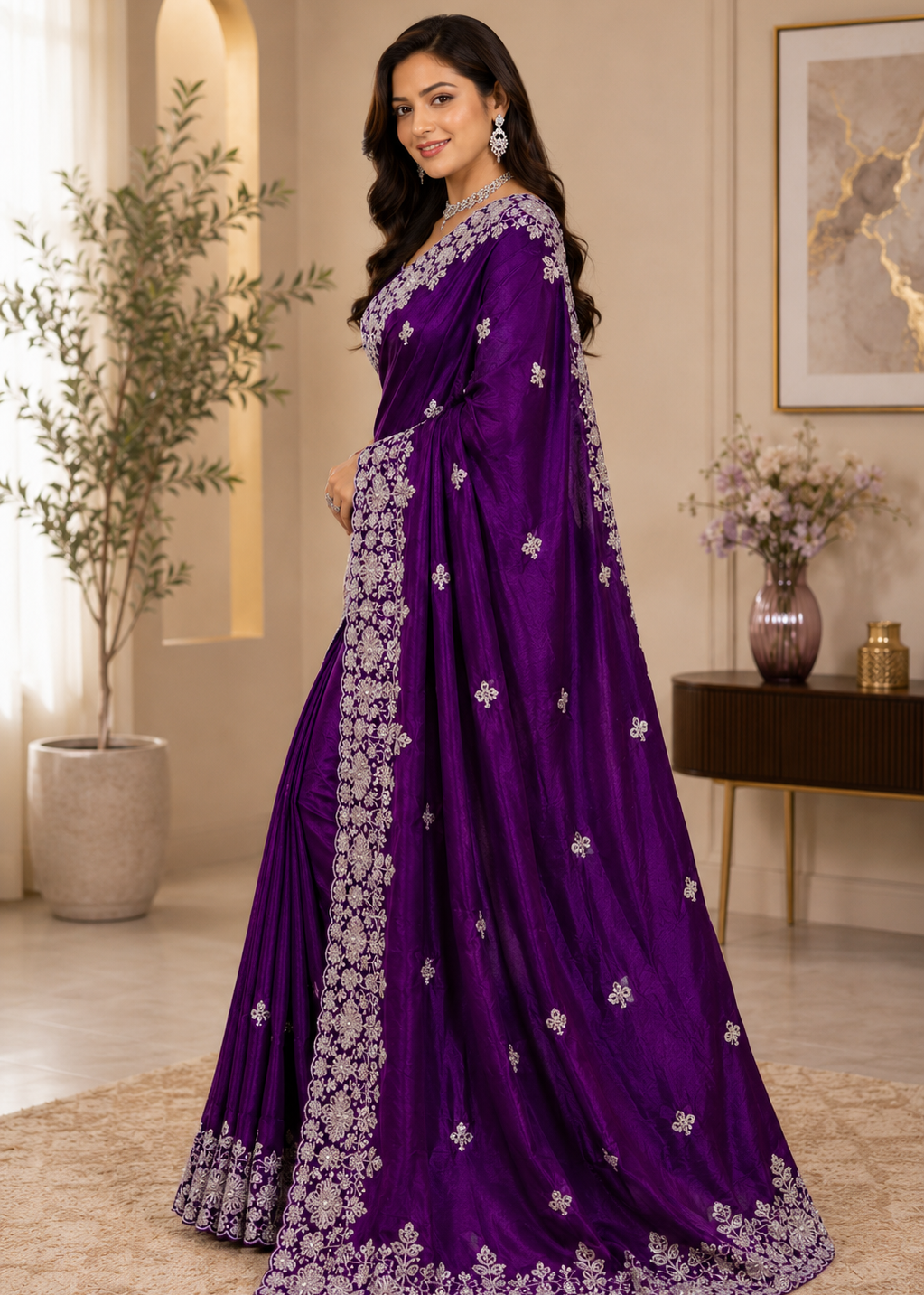 Royal Purple Fande Organza Saree with All-Over Handwork Butta & Floral Embroidered Border