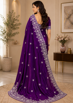 Royal Purple Fande Organza Saree with All-Over Handwork Butta & Floral Embroidered Border