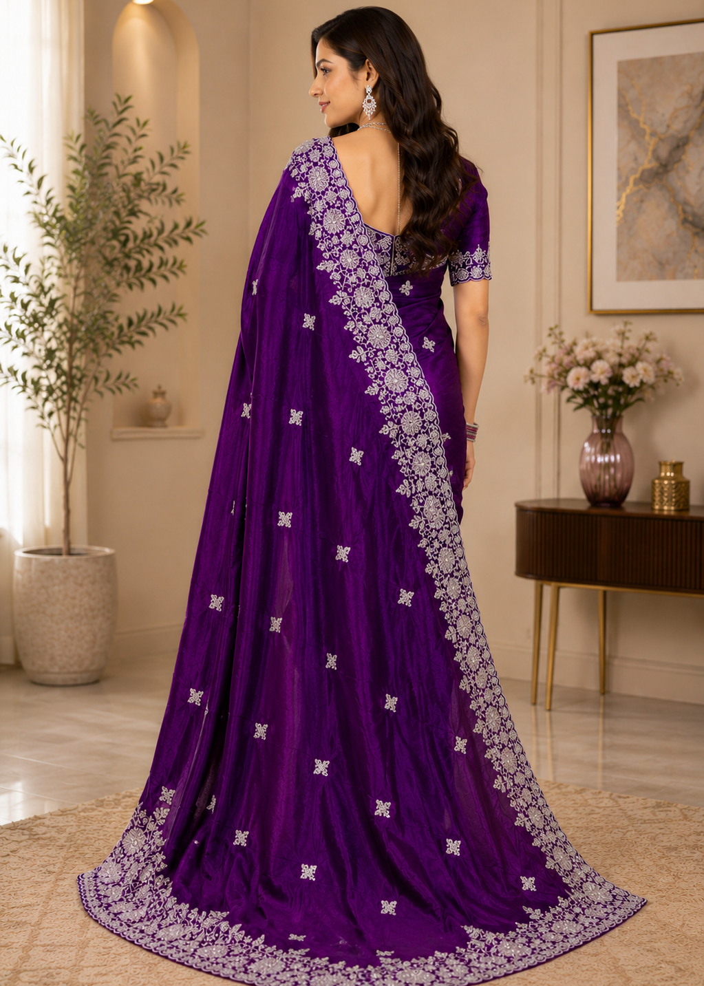 Royal Purple Fande Organza Saree with All-Over Handwork Butta & Floral Embroidered Border