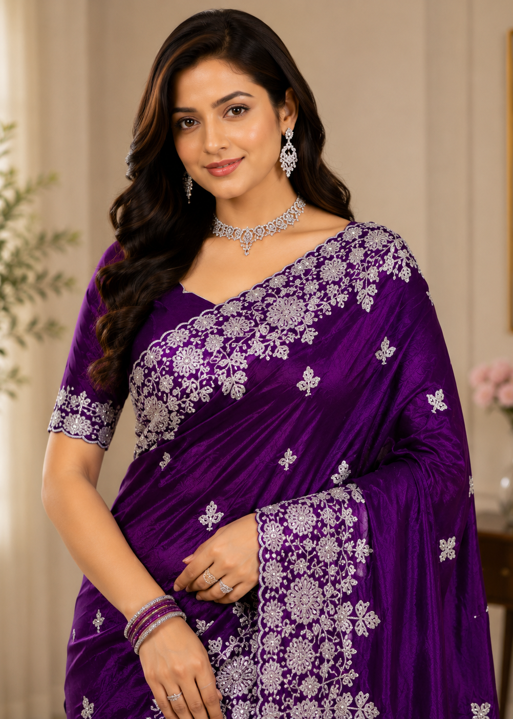 Royal Purple Fande Organza Saree with All-Over Handwork Butta & Floral Embroidered Border