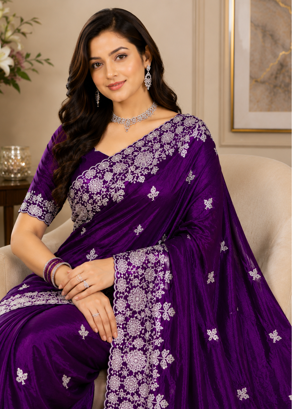 Royal Purple Fande Organza Saree with All-Over Handwork Butta & Floral Embroidered Border