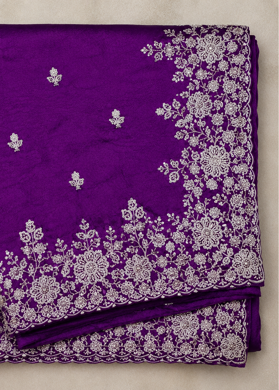 Royal Purple Fande Organza Saree with All-Over Handwork Butta & Floral Embroidered Border