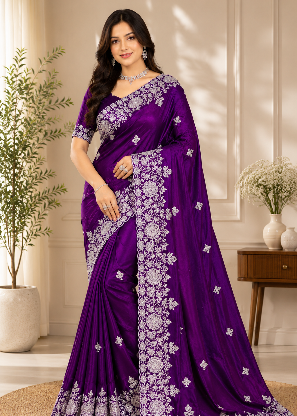 Royal Purple Fande Organza Saree with All-Over Handwork Butta & Floral Embroidered Border