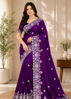 Royal Purple Fande Organza Saree with All-Over Handwork Butta & Floral Embroidered Border