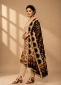 Beige Printed Kurta Pant Set with Black Floral Dupatta