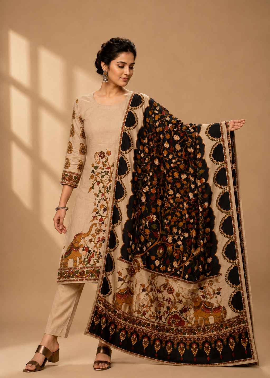 Beige Printed Kurta Pant Set with Black Floral Dupatta