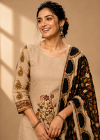 Beige Printed Kurta Pant Set with Black Floral Dupatta