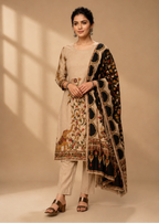 Beige Printed Kurta Pant Set with Black Floral Dupatta