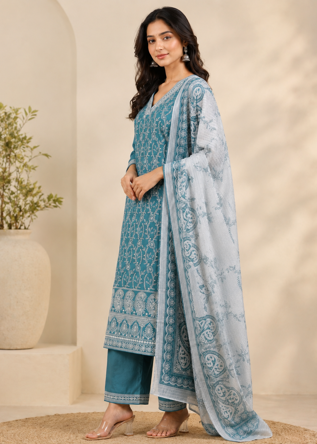 Teal Blue Printed Kurta Set with Soft Cotton Dupatta