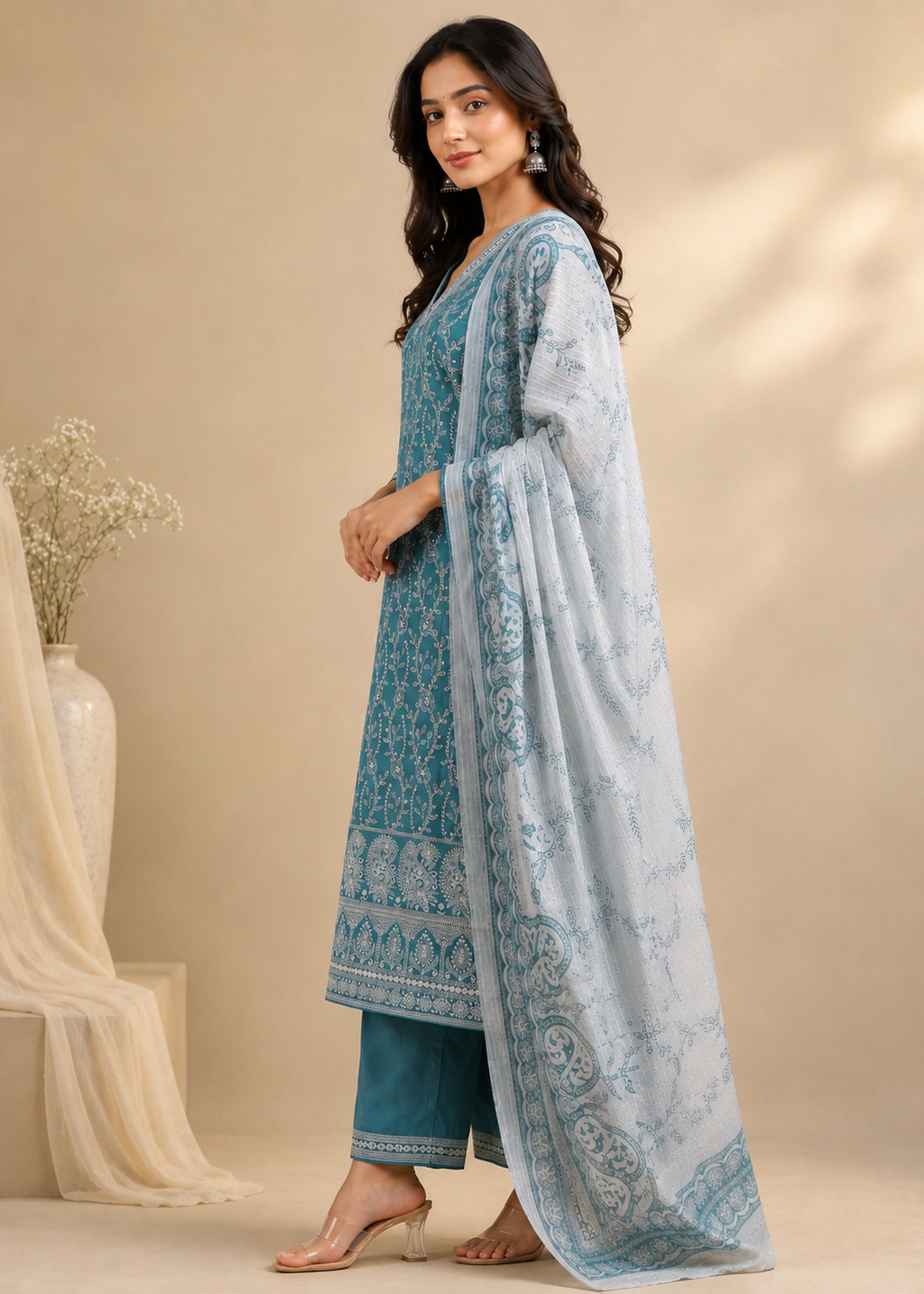 Teal Blue Printed Kurta Set with Soft Cotton Dupatta