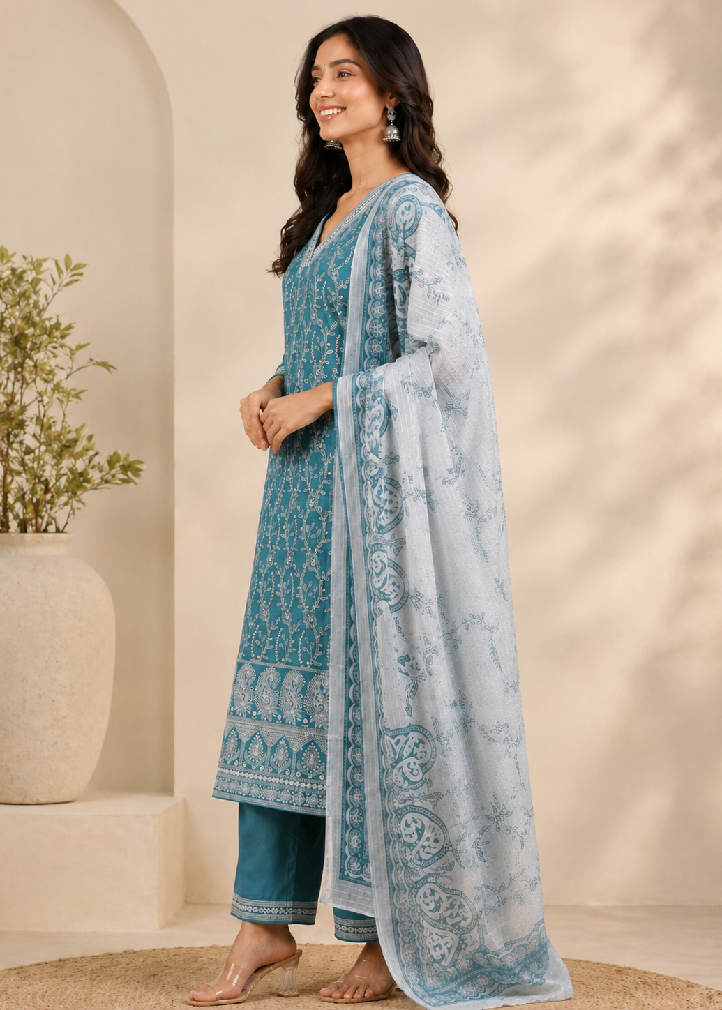 Teal Blue Printed Kurta Set with Soft Cotton Dupatta