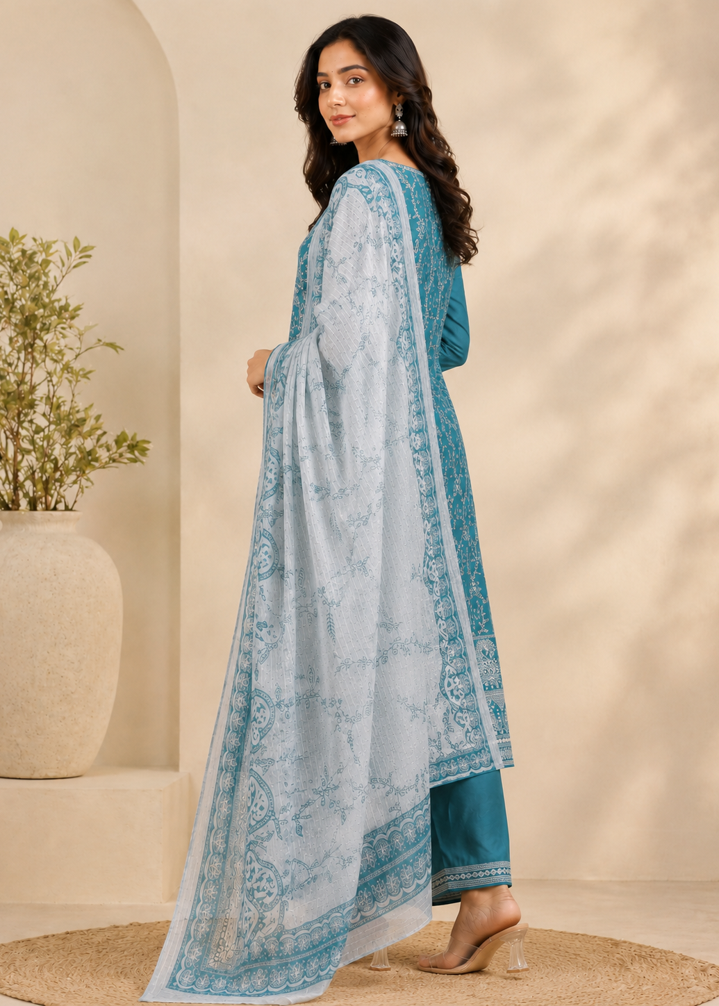 Teal Blue Printed Kurta Set with Soft Cotton Dupatta