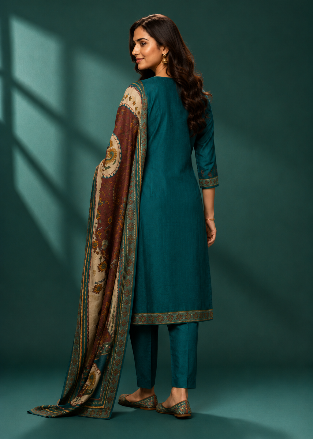 Peacock Garden Teal Ethnic Kurta Set with Floral Printed Dupatta