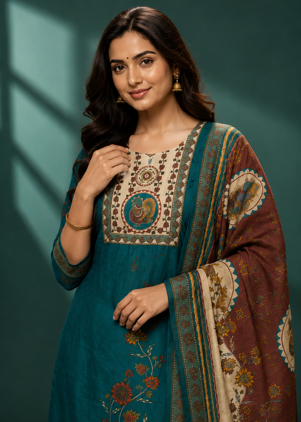 Peacock Garden Teal Ethnic Kurta Set with Floral Printed Dupatta