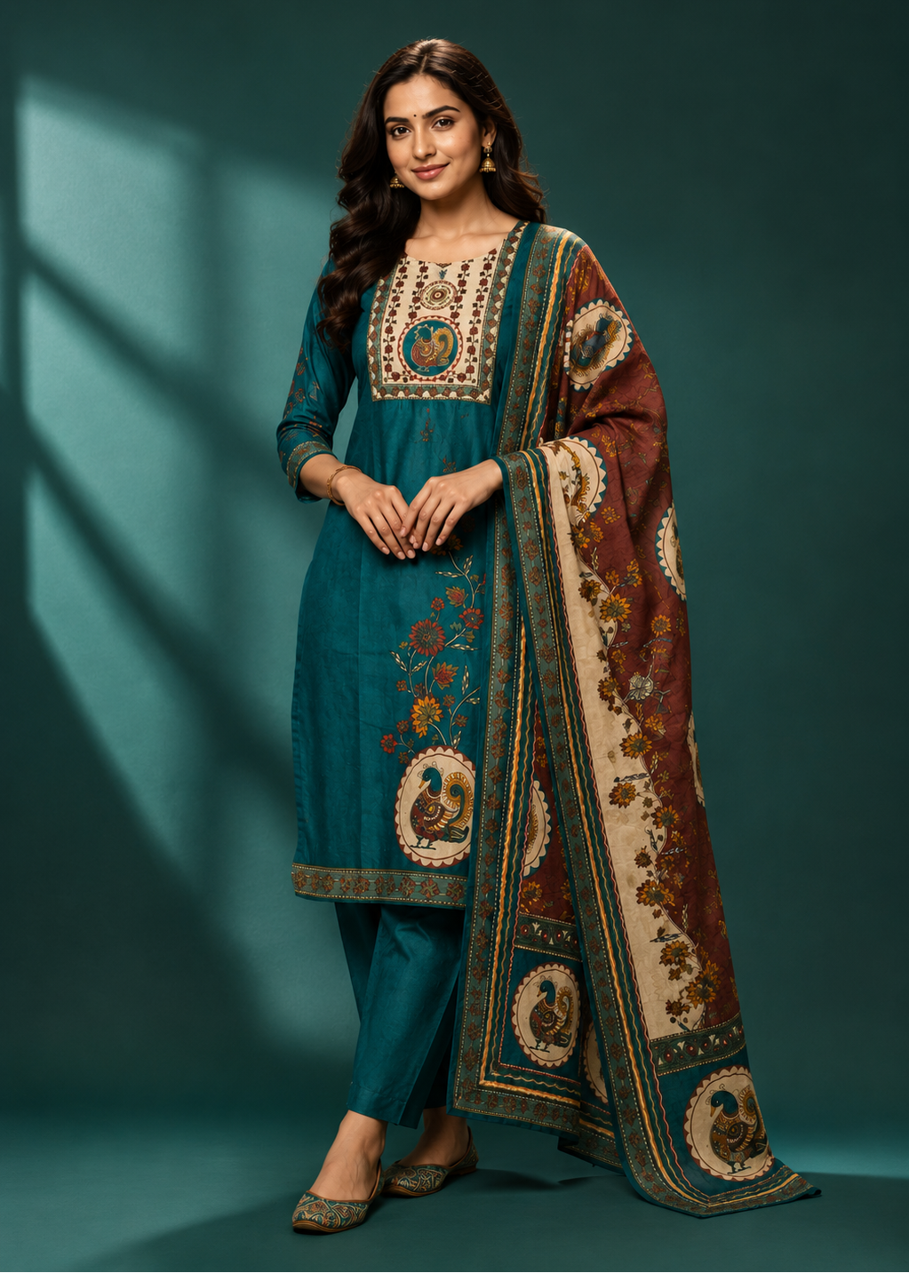 Peacock Garden Teal Ethnic Kurta Set with Floral Printed Dupatta