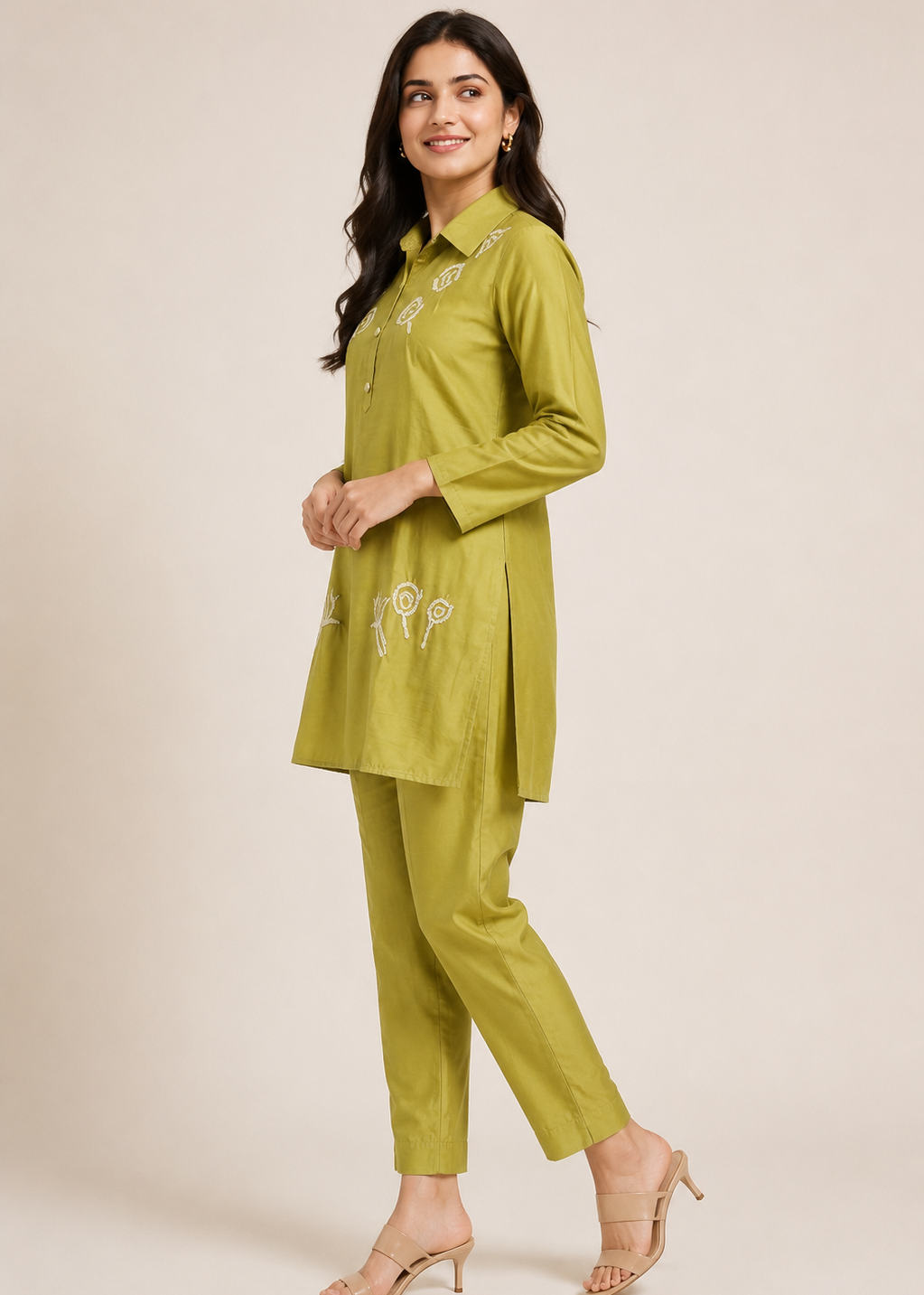 Designer Olive Green Kurta Pant Set with Embroidery