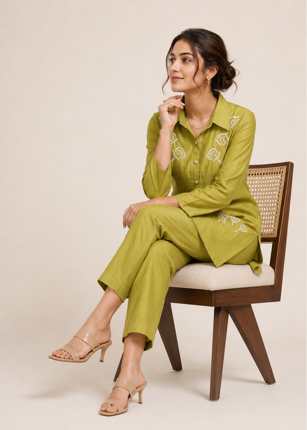 Designer Olive Green Kurta Pant Set with Embroidery