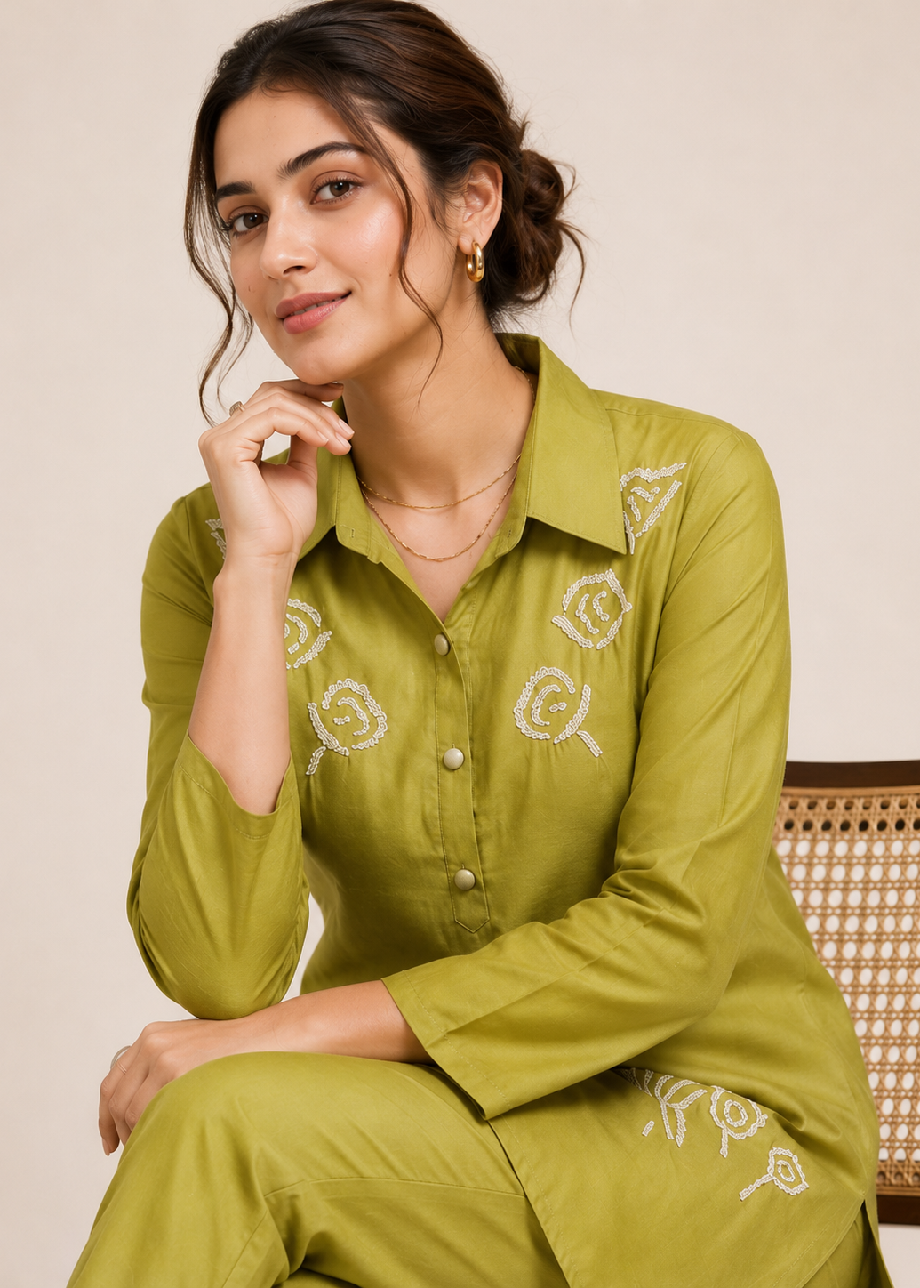 Designer Olive Green Kurta Pant Set with Embroidery