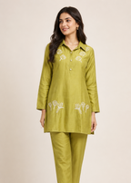 Designer Olive Green Kurta Pant Set with Embroidery