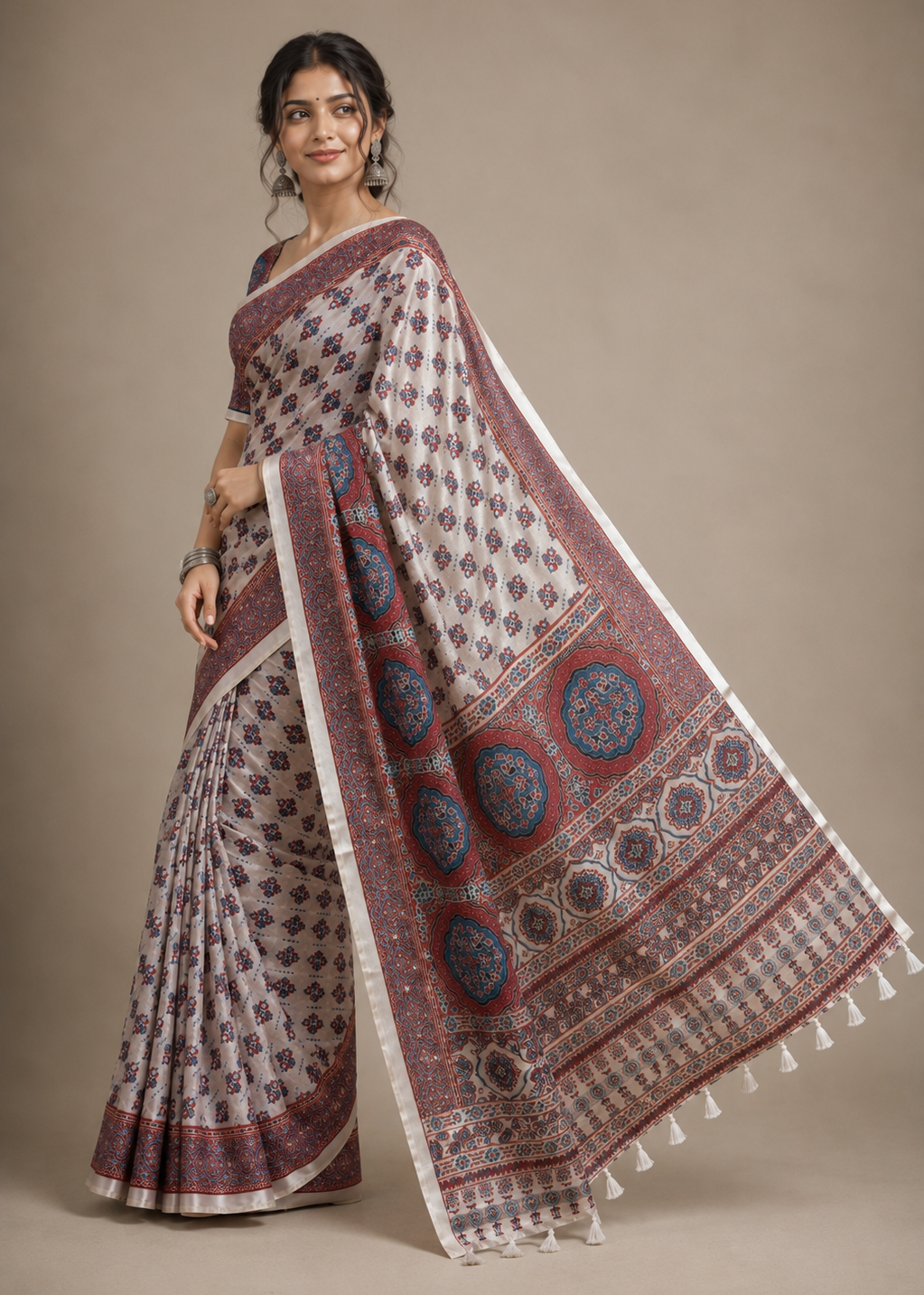 Premium Modal Silk Ajrakh Print Saree with Mirror Work & Tassel Pallu
